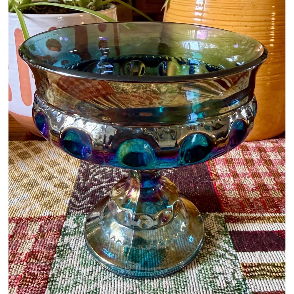 Vintage Blue Carnival Glass Pedestal | Indiana Glass Kings Crown Compote